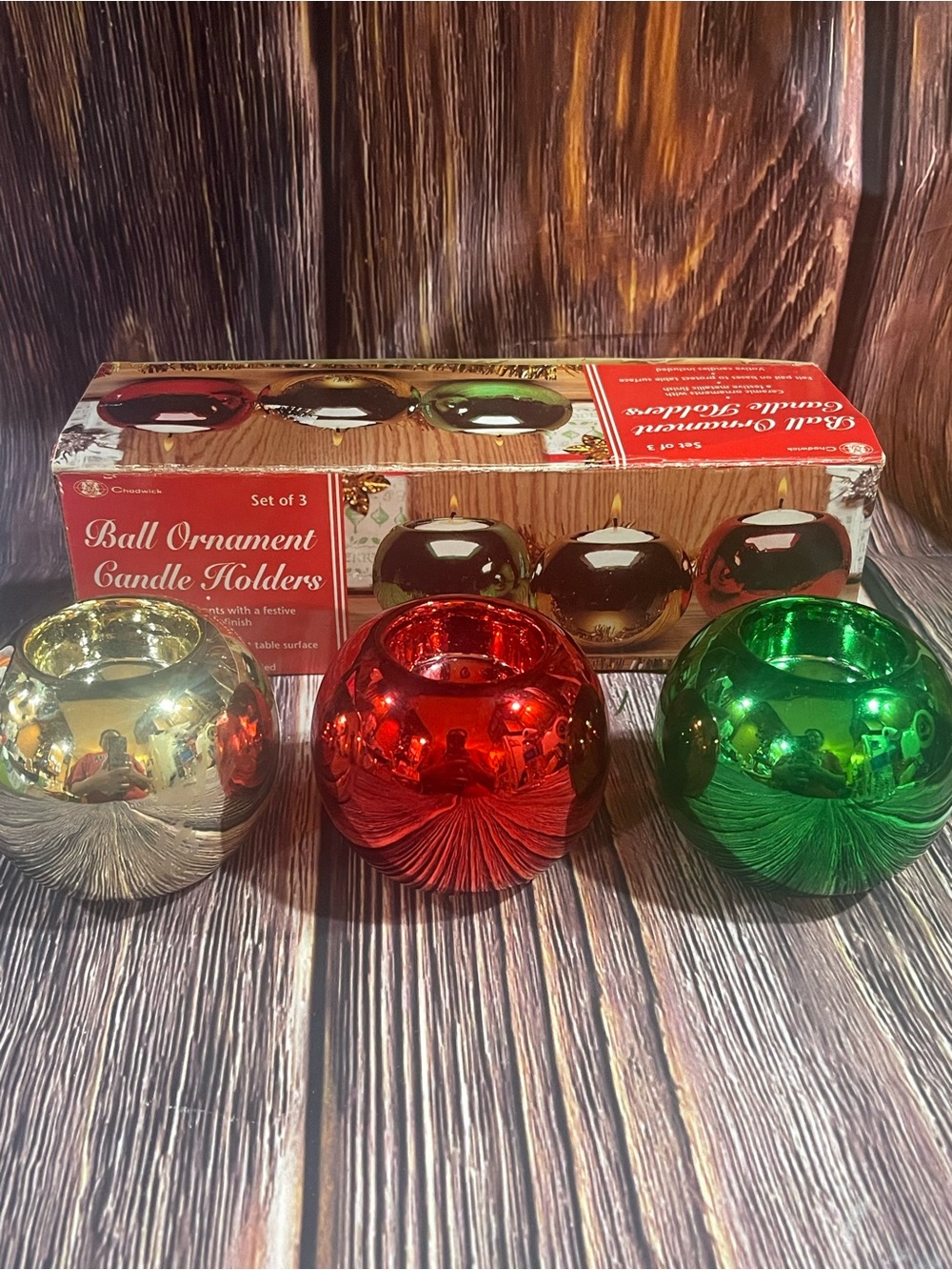 Chadwick Vtg Ceramic Metallic Ball Christmas  Ornament Candle Holder Set of 3